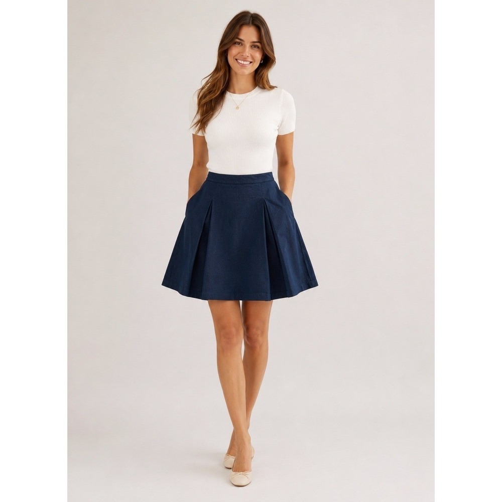 Halogen Preppy Flare Skirt Womens 14 Blue Chambray Cotton Blend Side Zip Lined